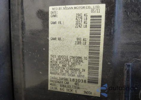 2011 Nissan Altima 2.5 S z USA, uszkodzony, nr VIN 1N4AL2AP3BC181038